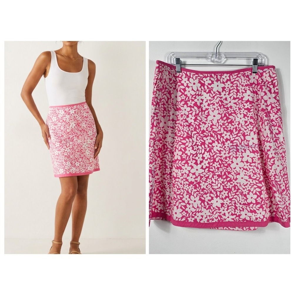L.L. Bean Skirt Womens 16 Pink White Floral Cotton A-Line Knee Length Pockets